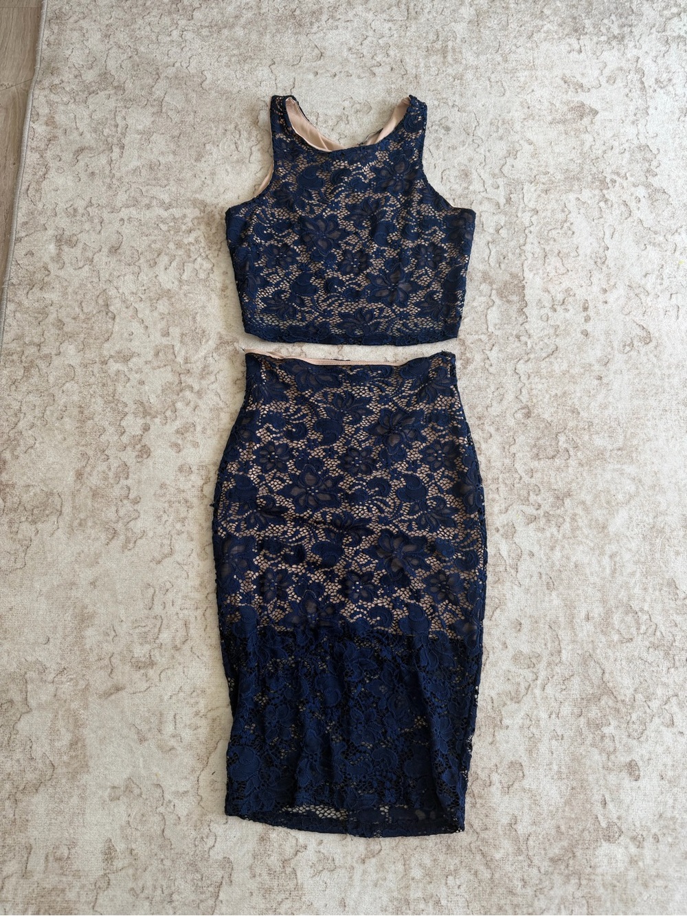 Navy Lace Two-Piece Crop Top & Midi Skirt Set